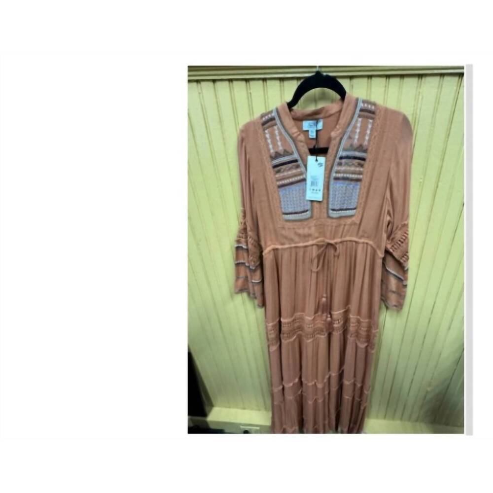 NEW MYRA women's embroidered tier long dress in rust multi